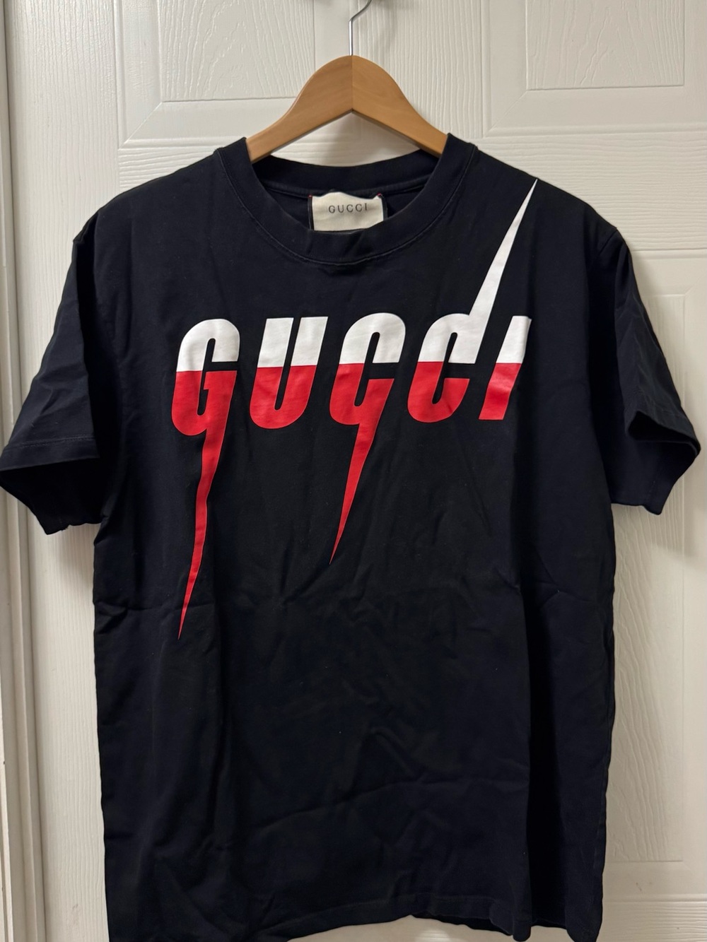 Gucci Black Short-Sleeve Graphic Logo Tee with Red & White Accents